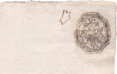 Угловое клеймо на гербовой бумаге 1 Копейка (1754 год)
