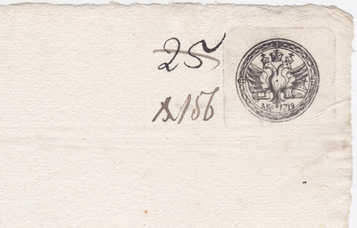 Угловое клеймо на гербовой бумаге 1 Копейка (1719 год)