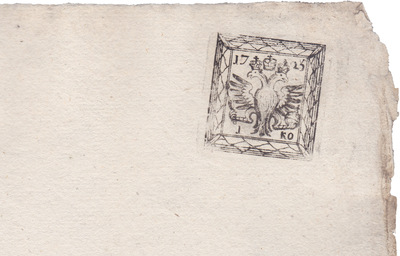 Угловое клеймо на гербовой бумаге 1 Копейка (1725 год)